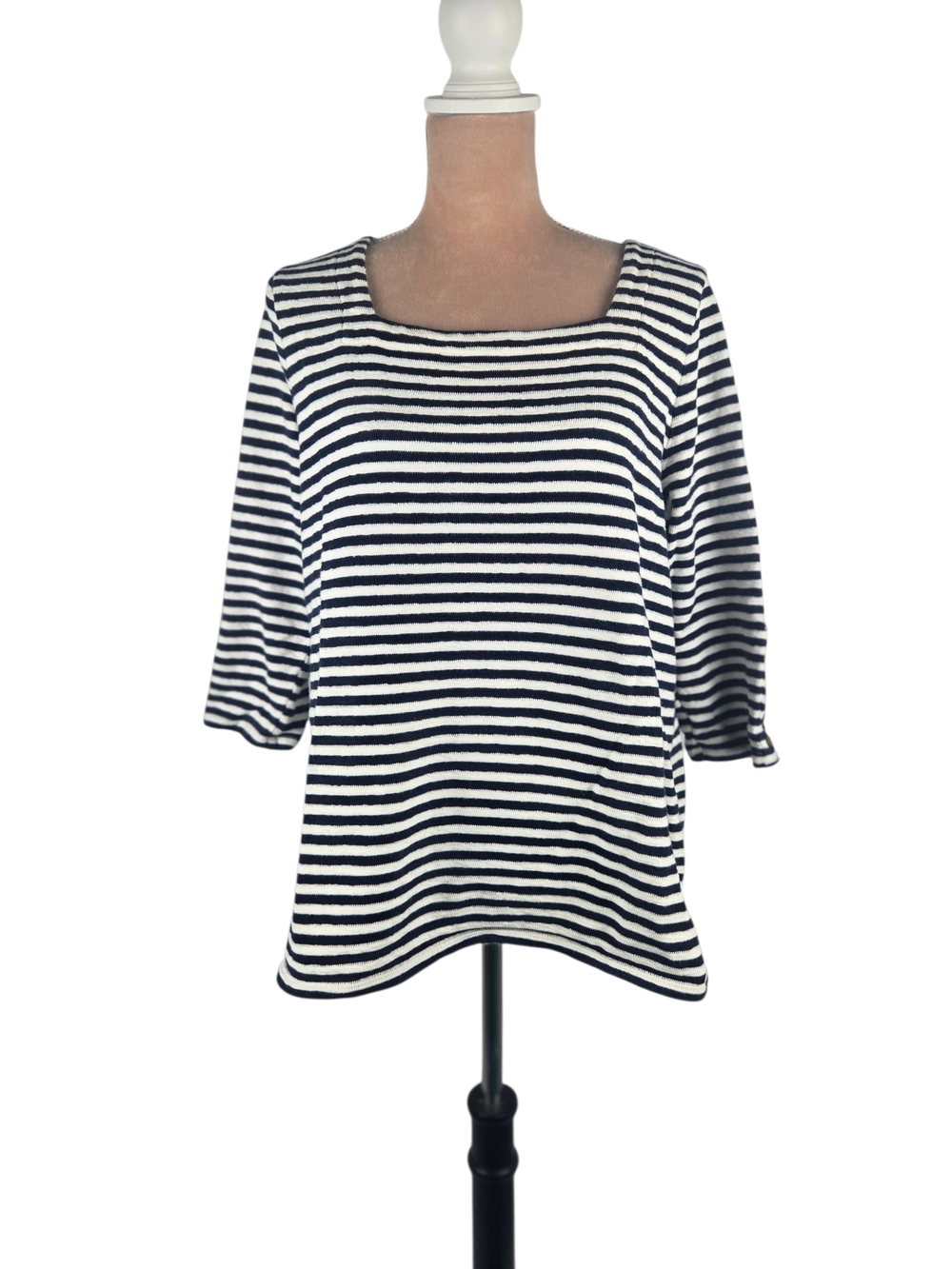 J.Jill Striped Top 100% Cotton Square Neck Button Shoulder Navy White Large